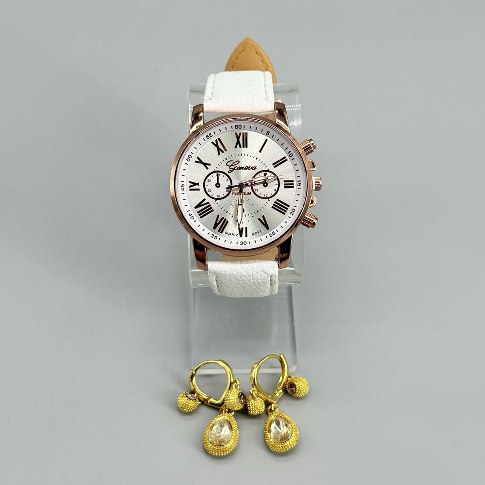 Geneva Womens Rose Gold Tone Watch White Strap Quartz Roman Numerals Earring Set